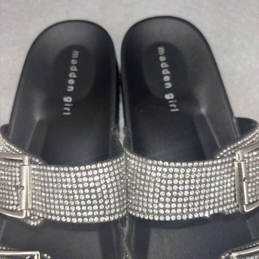 Madden Girl Women's Teddy-R Rhinestone and Black Footbed Sandals, Size 9 NWOB